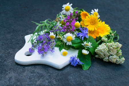 Healing herbs and flowers on a white wooden board.