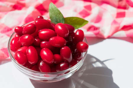 Red useful berries of dogwood in a plate on a white background. Close-up.の写真素材