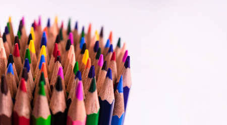 Many Multicolored Pencils White Background Copy Space Selective Focusの写真素材