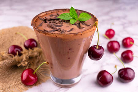 Chocolate smoothie with sour cherries. Close-up.の写真素材
