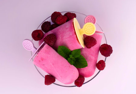 Homemade raspberry ice cream on a white background. Flat lei.の写真素材