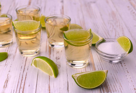 Small glasses with tequila on a white wooden background.の写真素材