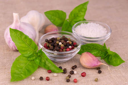 Culinary background with traditional Italian spices: basil, garlic, sea salt.の写真素材