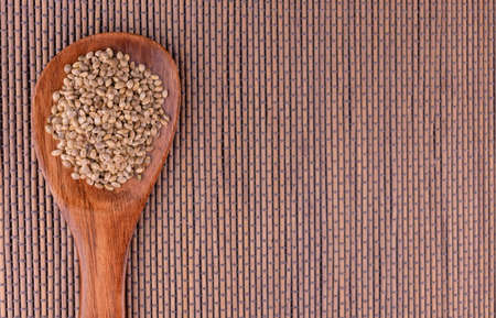 Hemp seeds in a wooden spoon. Copy space.