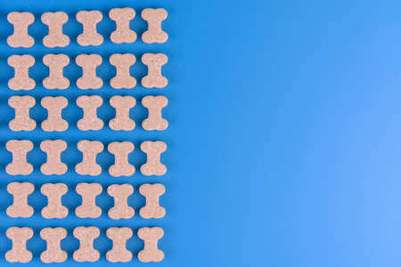 Vitamins for dogs in the form of a bone on a blue background.Copy space.