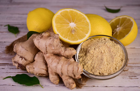 Fresh and dried ginger root and lemon.の写真素材