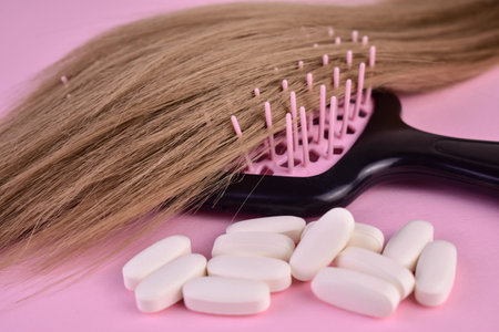 Female healthy hair and collagenan capsules on pink background Self care, hair treatment concept.の写真素材