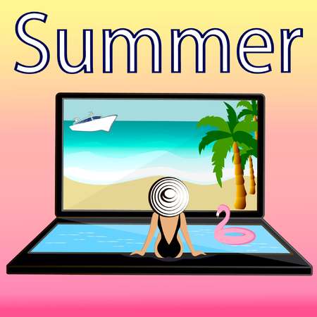 The girl is sitting on the beach. The girl dreams about rest. Summer is a great time to relax. Girl with a computer.のイラスト素材