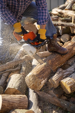The worker works with a chainsaw. Cut the firewood ?hainsaw. Chainsaw close up. Woodcutter saws tree with chainsaw on sawmill. Chainsaw in action cutting wood. Man cutting wood with saw, dust and movements.の写真素材