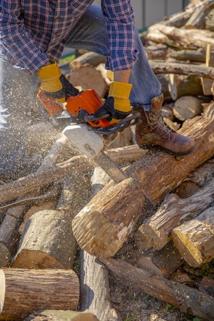 The worker works with a chainsaw. Cut the firewood ?hainsaw. Chainsaw close up. Woodcutter saws tree with chainsaw on sawmill. Chainsaw in action cutting wood. Man cutting wood with saw, dust and movements.の写真素材