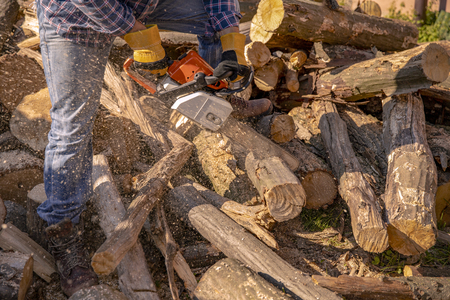 The worker works with a chainsaw. Cut the firewood ?hainsaw. Chainsaw close up. Woodcutter saws tree with chainsaw on sawmill. Chainsaw in action cutting wood. Man cutting wood with saw, dust and movements.の写真素材