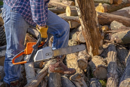 The worker works with a chainsaw. Cut the firewood ?hainsaw. Chainsaw close up. Woodcutter saws tree...