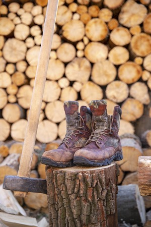 Ax in stump. Ax ready for cutting timber. Woodworking tool. Lumberjack ax in wood, chopping timber.の写真素材