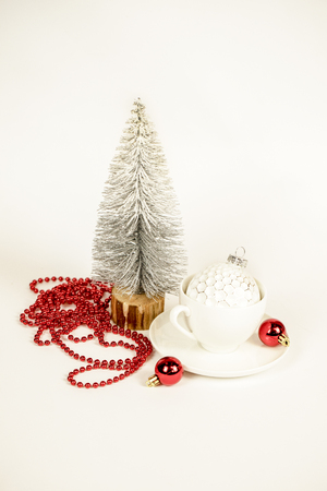 White and red Christmas balls on white backgroundの写真素材