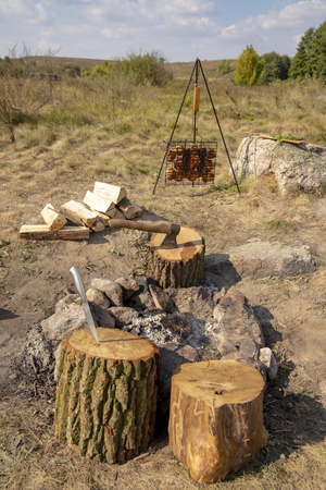 Picnic in the open air. Cooking on the fire. Cook meat on the fire. Picnicの写真素材