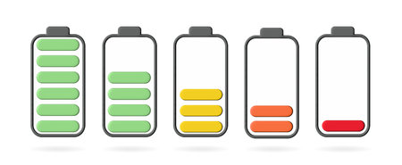 Battery levels set. Charge indicator. 3D vector.のイラスト素材