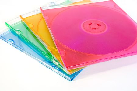 colorful CD boxes isolated on whiteの写真素材