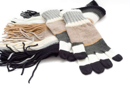 striped gloves and scarf isolated on whiteの写真素材