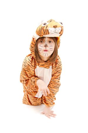 little girl wearing tiger costume isolated on whiteの写真素材
