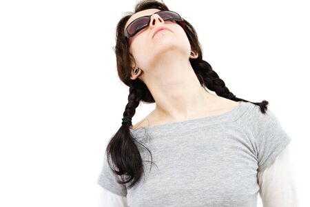 casual woman portrait wearing sunglasses - isolated on white
