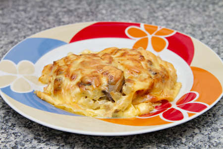 plate with chicken breast baked under cheeseの写真素材