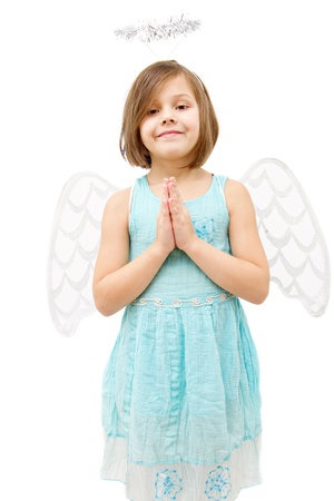 little girl dressed like angel isolated on whiteの写真素材