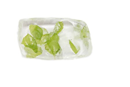 mint leaves frozen in ice isolated on whiteの写真素材