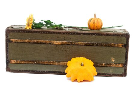 old suitcase and decorative pumpkins isolated on whiteの写真素材