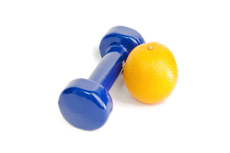 the blue dumbbell and orange isolated on whiteの写真素材