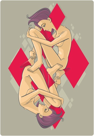 Two twin naked girls sitting and hugging knees surrounded by six red diamonds.のイラスト素材