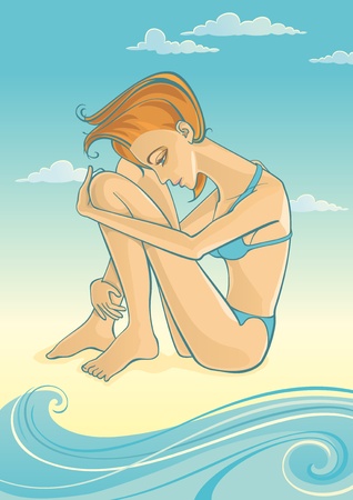 Vector Illustration of young woman sitting on beach  Waves and clouds on background  Objects organized in layers のイラスト素材