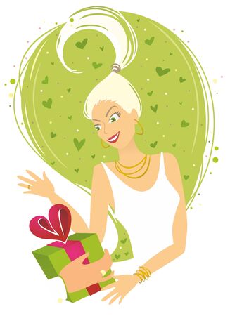 Vector illustration of surprised woman receiving present from man. Woman asks: What is inside?のイラスト素材