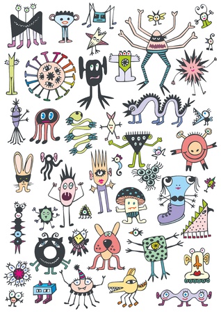 Collection of cute unusual coloured monsters on white background. Hand drawn and vectored.のイラスト素材