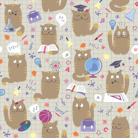 Vector seamless pattern with clever cute cats studing various school subjects.のイラスト素材