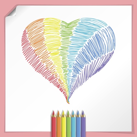 Vector illustration with seven color pencils, heart hand drawn and colored as rainbow. Sheet of paper on the background. Layered EPS file.のイラスト素材