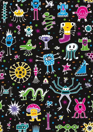 Seamless pattern with cute unusual coloured monsters on black background.のイラスト素材