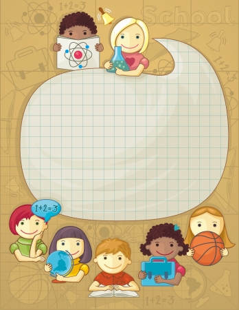 Illustration with frame for your text and group of cute school children のイラスト素材