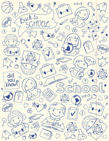  Vector vertical background with children and school objects drawed on copybook lined page のイラスト素材