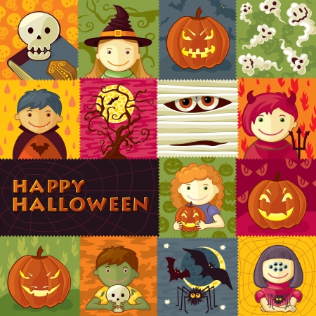 Vector Illustration with cute characters, halloween elements and text のイラスト素材