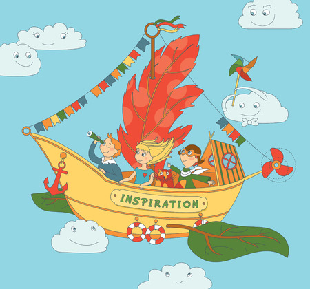 Vector illustration with group of children playing on unusial self-invented flying ship. Sky and smiling clouds on background.のイラスト素材