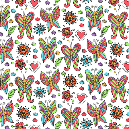 Hand drawn butterfly and flower patternのイラスト素材