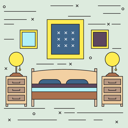 Flat line art bedroom illustrationのイラスト素材