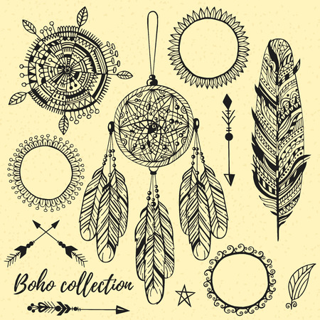 Hand drawn boho design elements vector setのイラスト素材