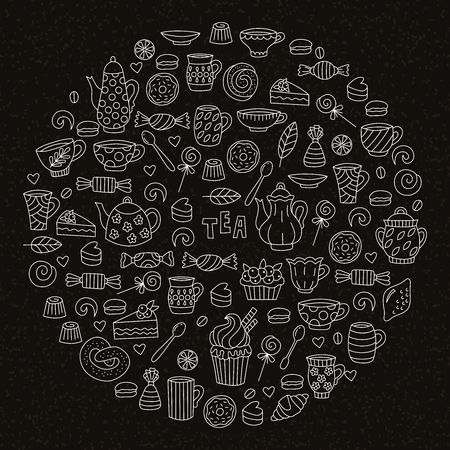 Tea bakery sweets desserts doodles vector setのイラスト素材