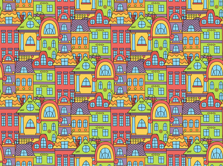 European town cute doodle houses buildings seamless vector patternのイラスト素材