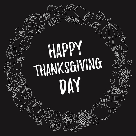 Thanksgiving doodle icons round vector frame border decorative holiday greeting cardのイラスト素材