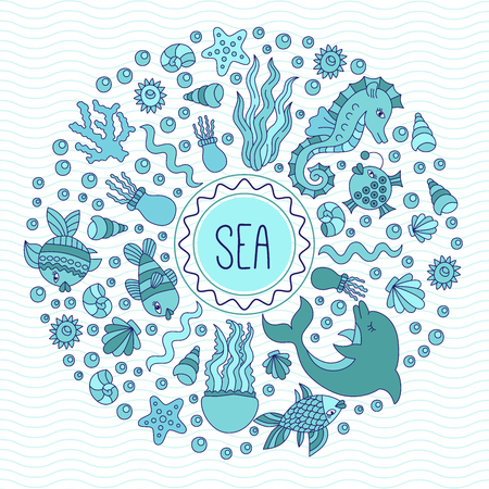 Sea creatures blue doodle icons round vector frameのイラスト素材