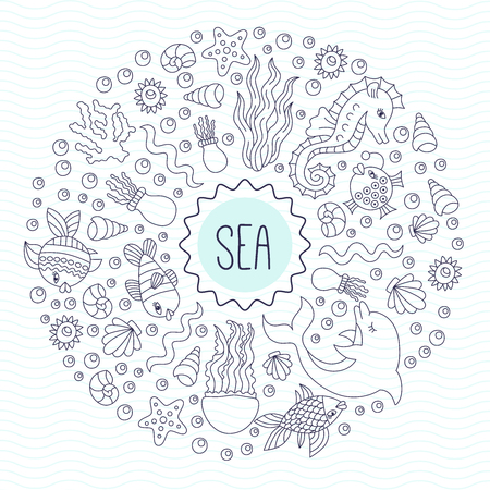 Underwater doodle icons in round frameのイラスト素材
