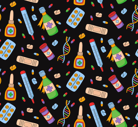 Medicine pills doodle icons colorful seamless vector patternのイラスト素材