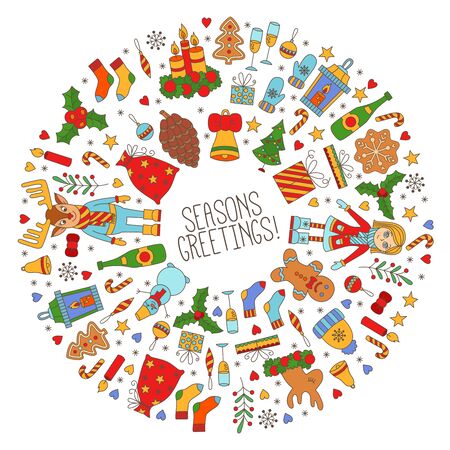 Christmas new year colorful doodle icons round decorative vector frameのイラスト素材